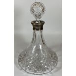 A CUT GLASS SHIPS DECANTER WITH MAPPIN & WEBB HALLMARKED SILVER COLLAR, HALLMARKS FOR BIRMINGHAM