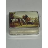 A SILVER PILL BOX WITH AN ENAMELLED HUNTING DESIGN LID