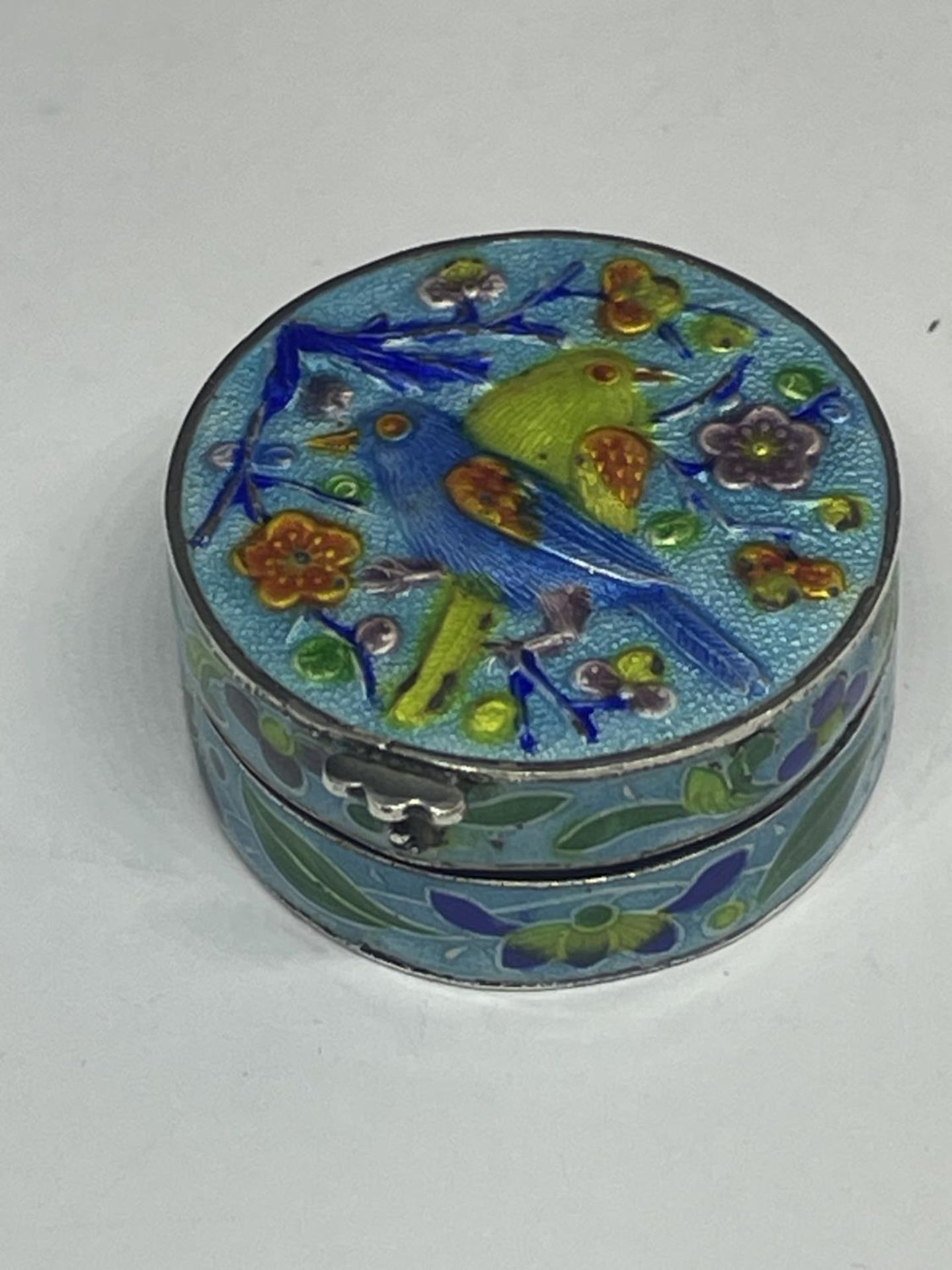 A SILVER CIRCULAR PILL BOX WITH ENAMEL BIRD DESIGN LID AND SIDES