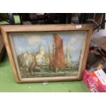 A LARGE GILT FRAMED PRINT OF A BOATING SCENE, UNSIGNED