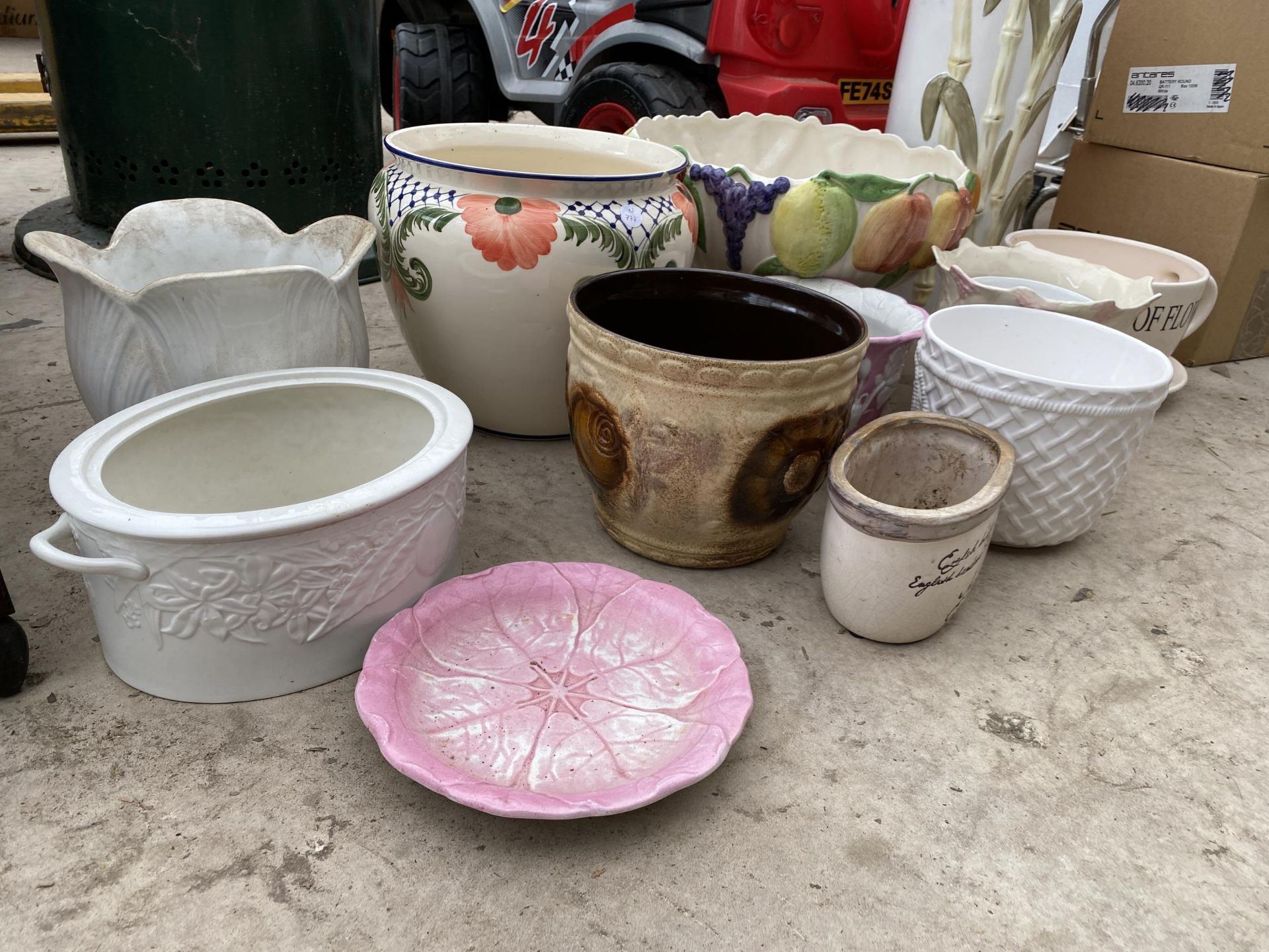 A LARGE ASSORTMENT OF CERAMIC PLANT PIOTS, A STICK STAND AND A FRUIT BOWL ETC - Image 2 of 2