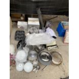 AN ASSORTMENT OF KITCHEN ITEMS TO INCLUDE PANS, NAPKIN RINGS AND JUICERS ETC