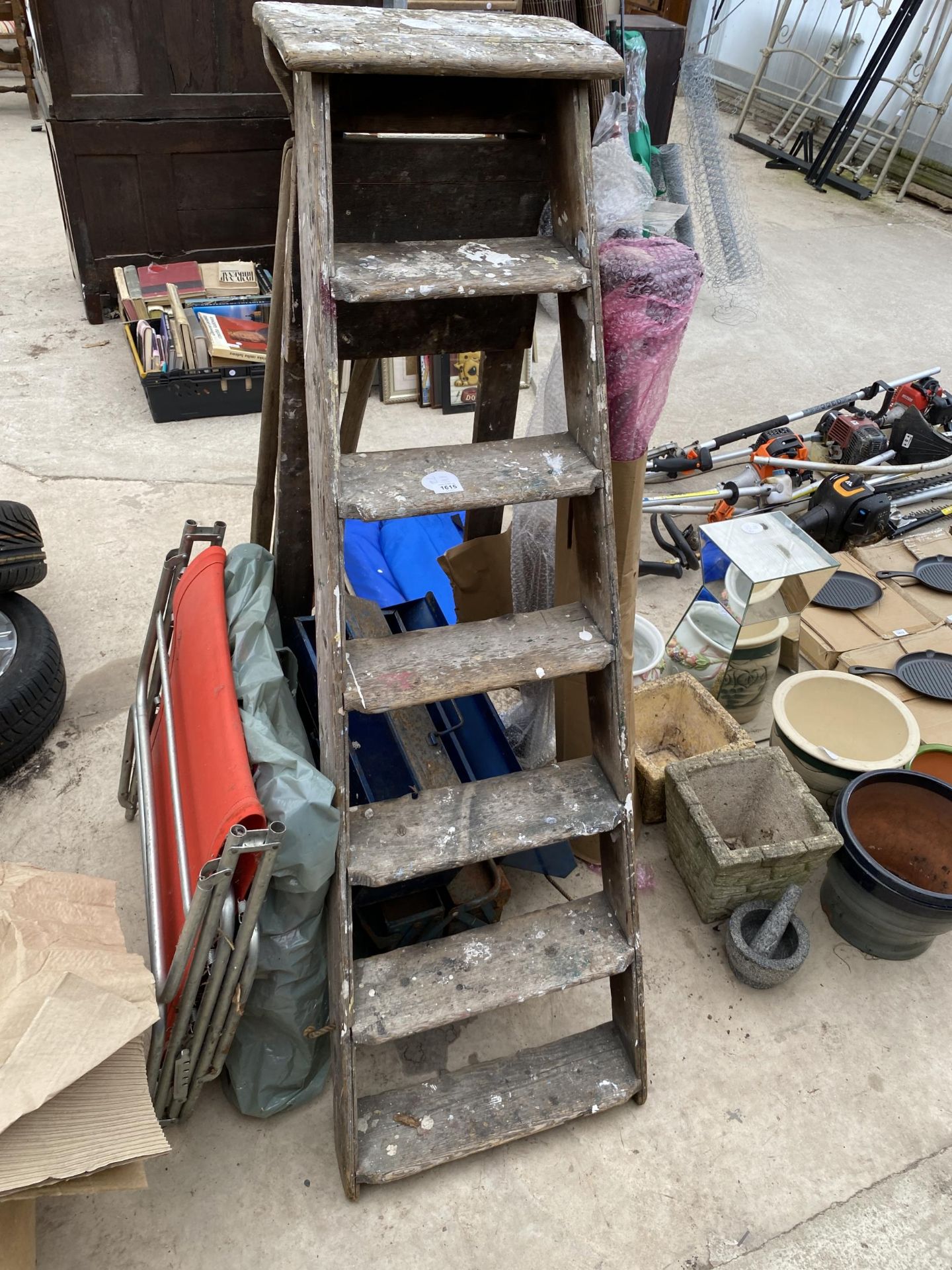 AN ASSORTMENT OF ITEMS TO INCLUDE WOODEN STEP LADDERS, TOOL BOXES AND CHAIRS ETC