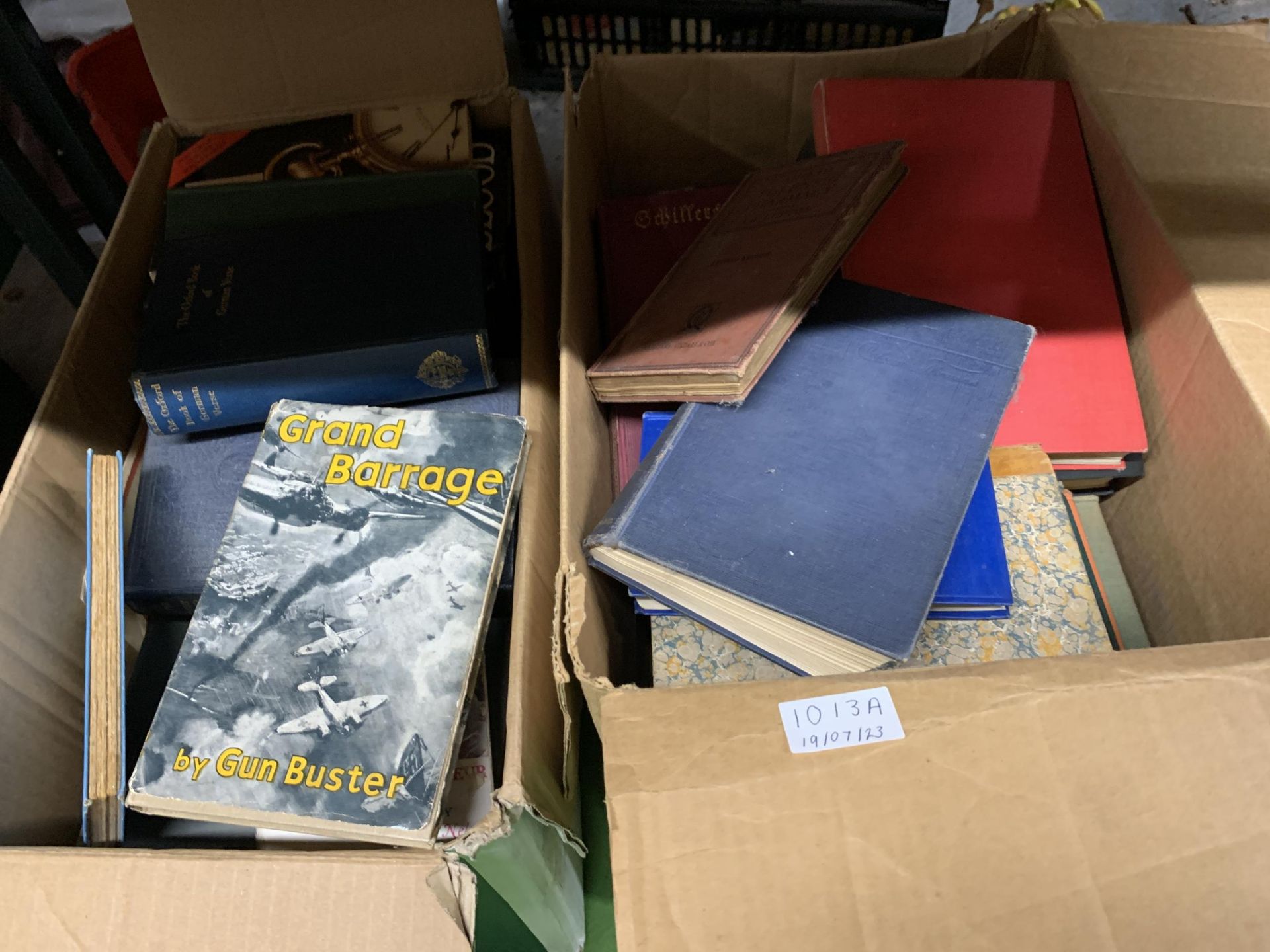 TWO BOXES OF BOOKS TO INCLUDE THE OXFORD BOOK OF GERMAN VERSE, GRAND BARRAGE BY GUN BUSTER, A