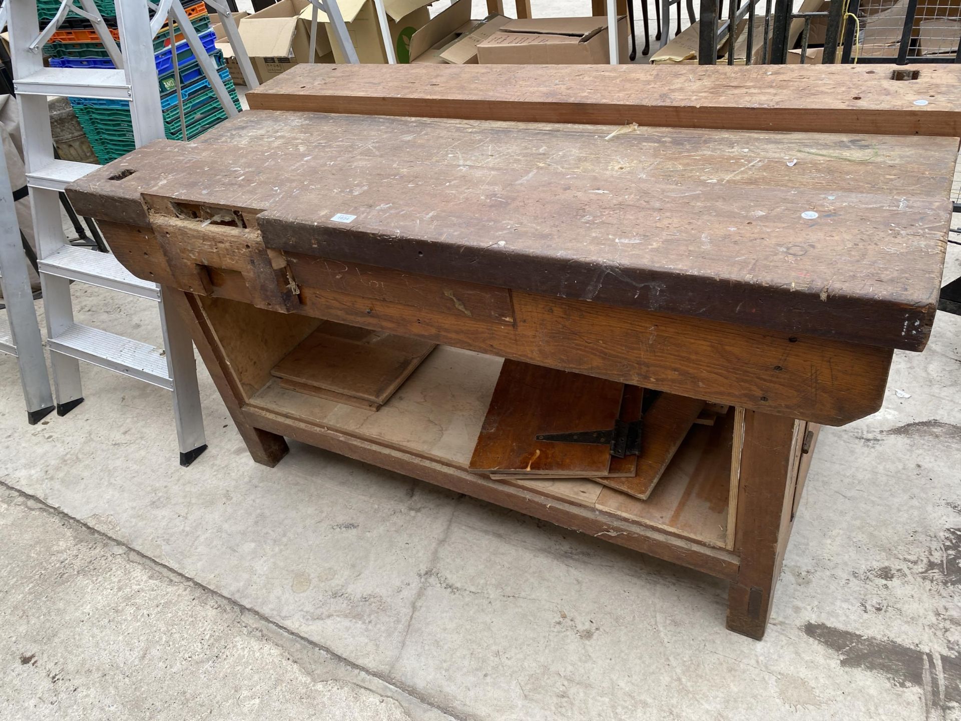 A VINTAGE HEAVY DUTY WOODEN WORK BENCH