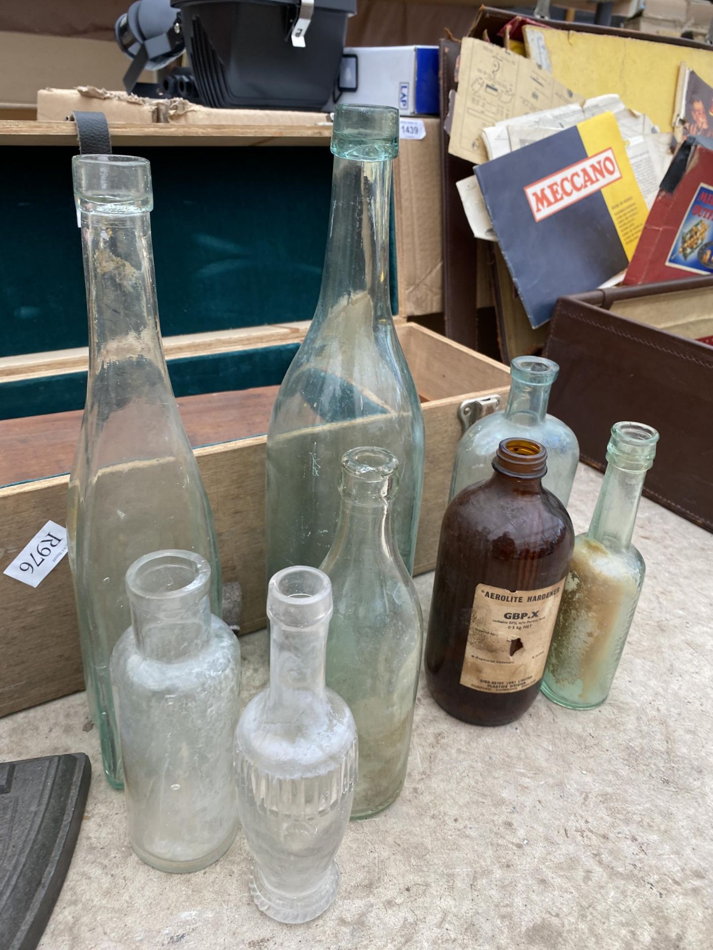 TWO WOODEN STORAGE BOXES, AN ASSORTMENT OF GLASS BOTTLES AND TWO FLAT IRONS - Image 2 of 4