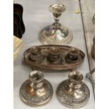 A GROUP OF VINTAGE SILVER PLATED ITEMS TO INCLUDE SILVER PLATE ON COPPER INKSTAND ETC