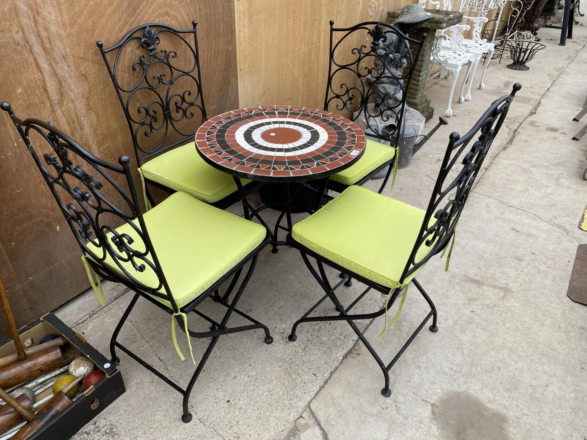 A TILE TOPPED GARDEN BISTRO TABLE AND FOUR METAL CHAIRS - Image 2 of 5