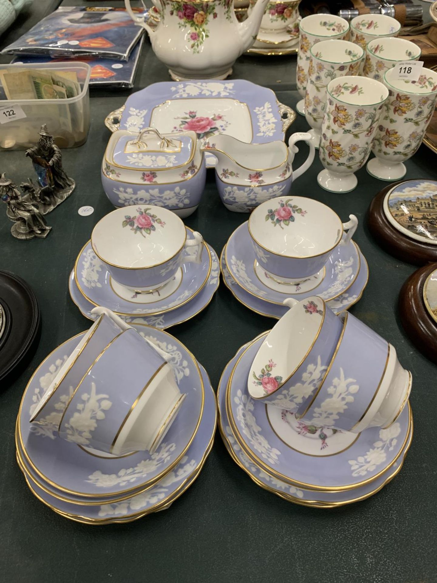 A COPELAND SPODE ,MARITIME ROSE' TEASET TO INCLUDE A CAKE PLATE, SUGAR BOWL, CREAM JUG, CUPS,