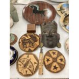A LARGE HANDPAINTED CHARGER OF A HORSE, AFRICAN MASK, A CARVED BONE RECEPTACLE, PLAQUES, ETC