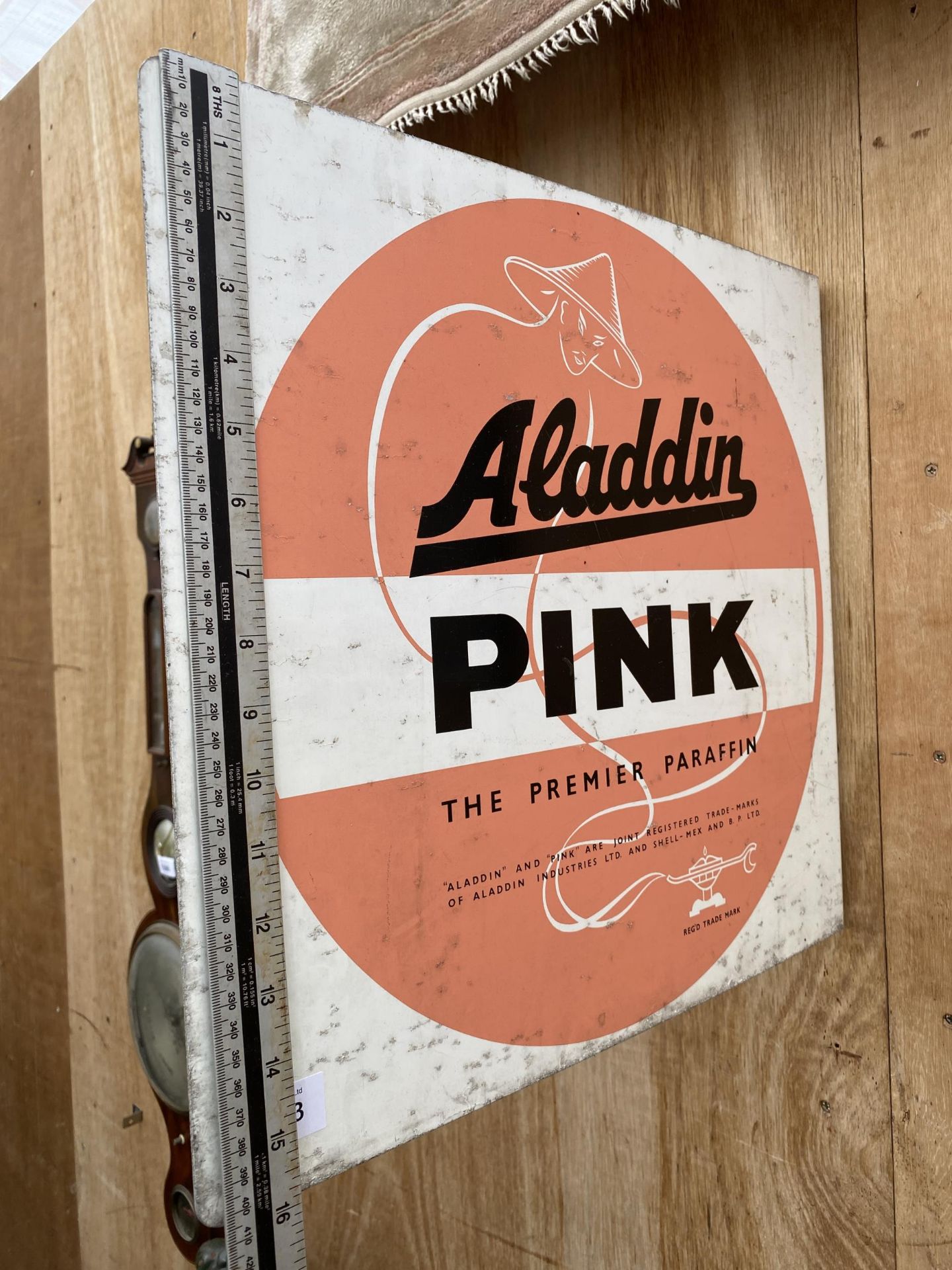 A BELIEVED ORIGINAL DOUBLE SIDED METAL 'ALADDIN PINK' PARAFIN SIGN - Image 3 of 5