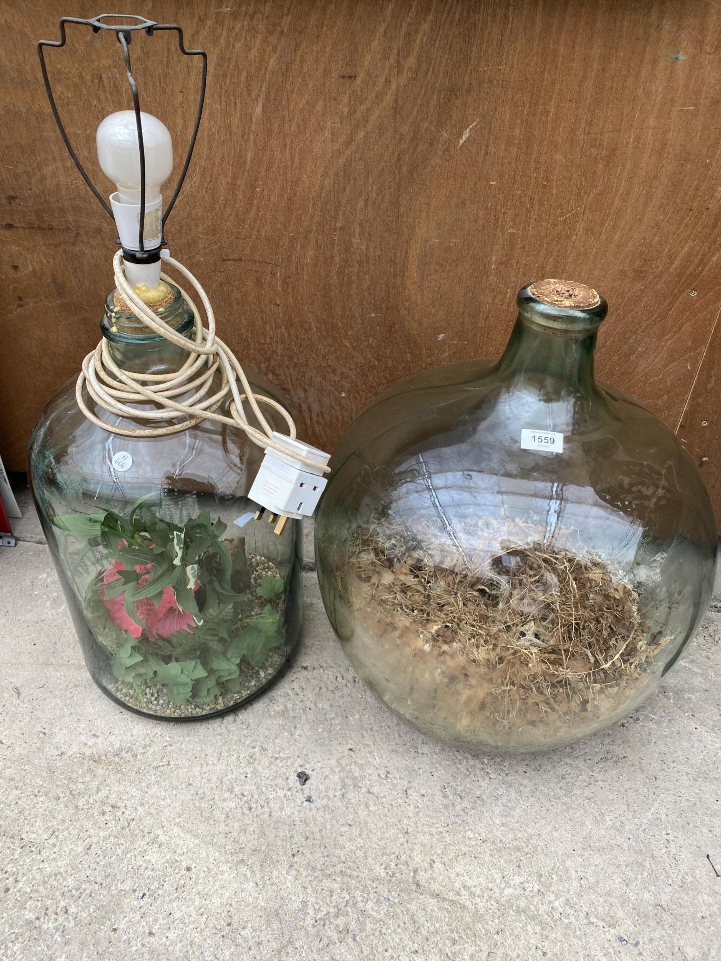 TWO LARGE VINTAGE GLASS CARBOUYS (ONE A/F)