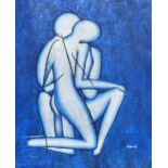 AN UNFRAMED ABSTRACT ACRYLIC OIL ON CANVAS OF TWO FIGURES, SIGNED 'DAVID' 66 X 56CM