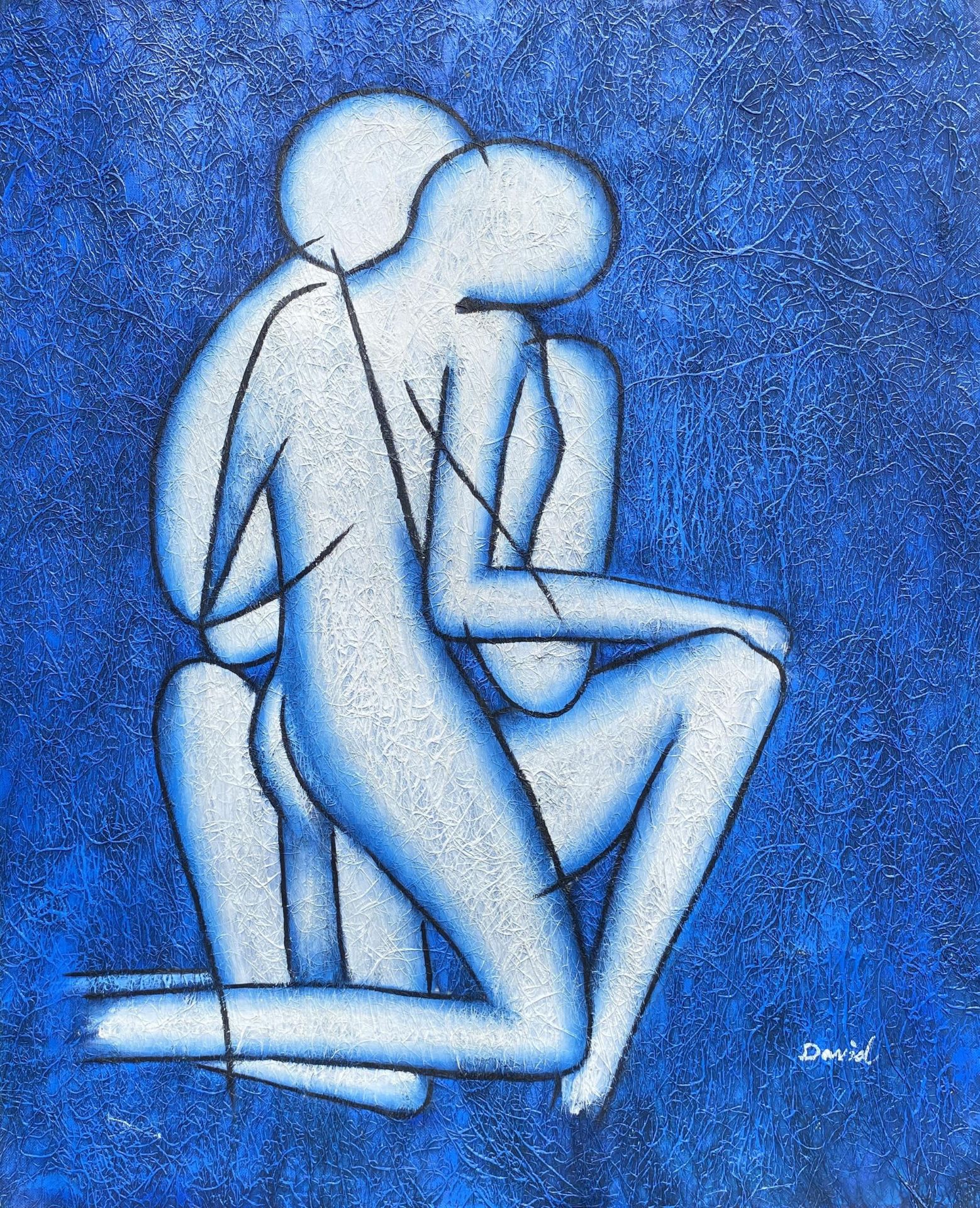 AN UNFRAMED ABSTRACT ACRYLIC OIL ON CANVAS OF TWO FIGURES, SIGNED 'DAVID' 66 X 56CM