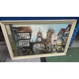 A FRAMED OIL PAINTING OF A HIGH STREET SCENE, SIGNED P.SCHUSTER