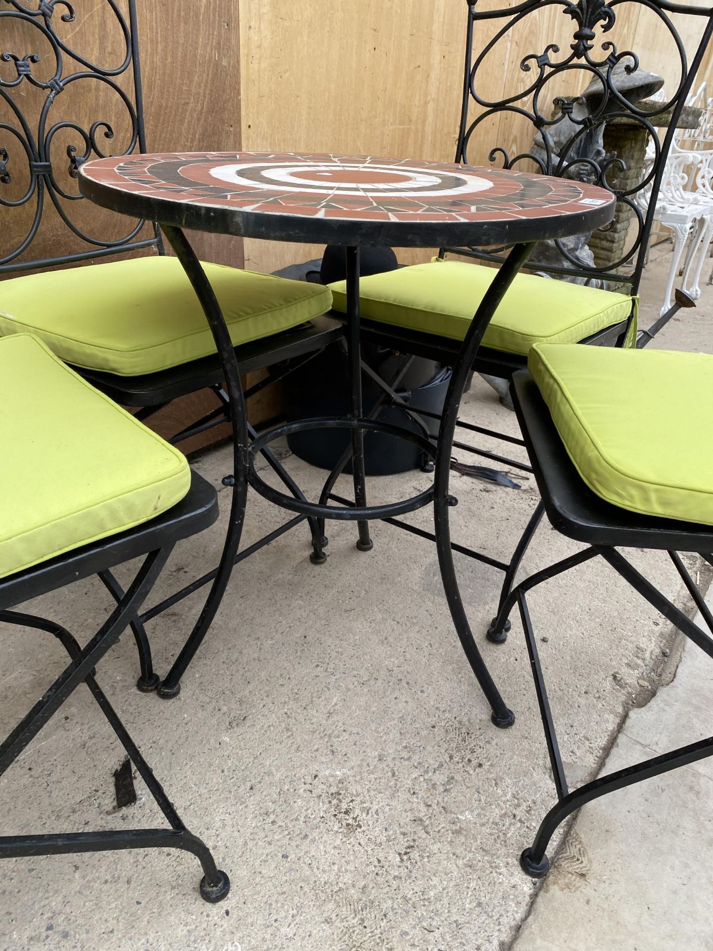 A TILE TOPPED GARDEN BISTRO TABLE AND FOUR METAL CHAIRS - Image 3 of 5