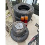 AN ASSORTMENT OF WHEELS AND TYRES AND TWO TRAILER LIGHTS