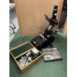 A GS LONDON M 57805 MICROSCOPE AND ASSORTED SLIDES AND ACCESSORIES IN WOODEN BOX