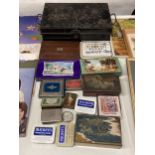 A MIXED LOT OF VINTAGE TINS TO INCLUDE VINTAGE METAL CASH TIN ETC
