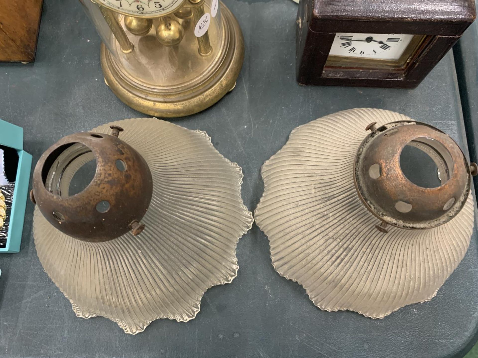 TWO VINTAGE GLASS LIGHT SHADES WITH METAL FITTINGS - Image 2 of 3