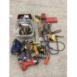 AN ASSORTMENT OF TOOLS TO INCLUDE A DRILL, SPANNERS AND TROWELS ETC