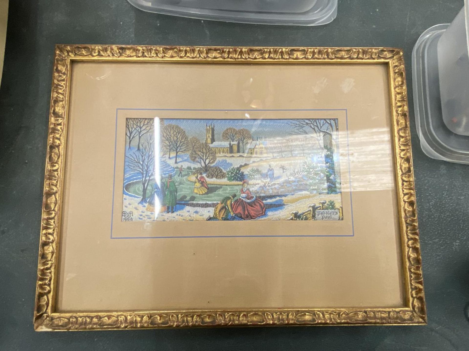 A FRAMED MACCLESFIELD SILK PICTURE 'PADDLER'S POOL'