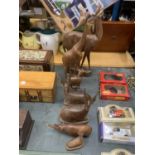 A COLLECTION OF WOODEN ANIMALS TO INCLUDE GIRAFFES, DEER AND A RHINOCEROUS - HORN A/F