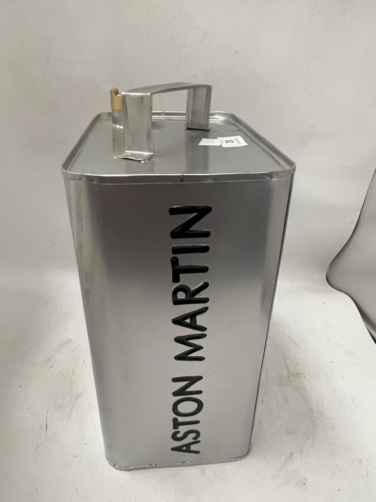 A SILVER COLOURED METAL ASTON MARTIN PETROL CAN WITH BRASS TOP - Image 2 of 3