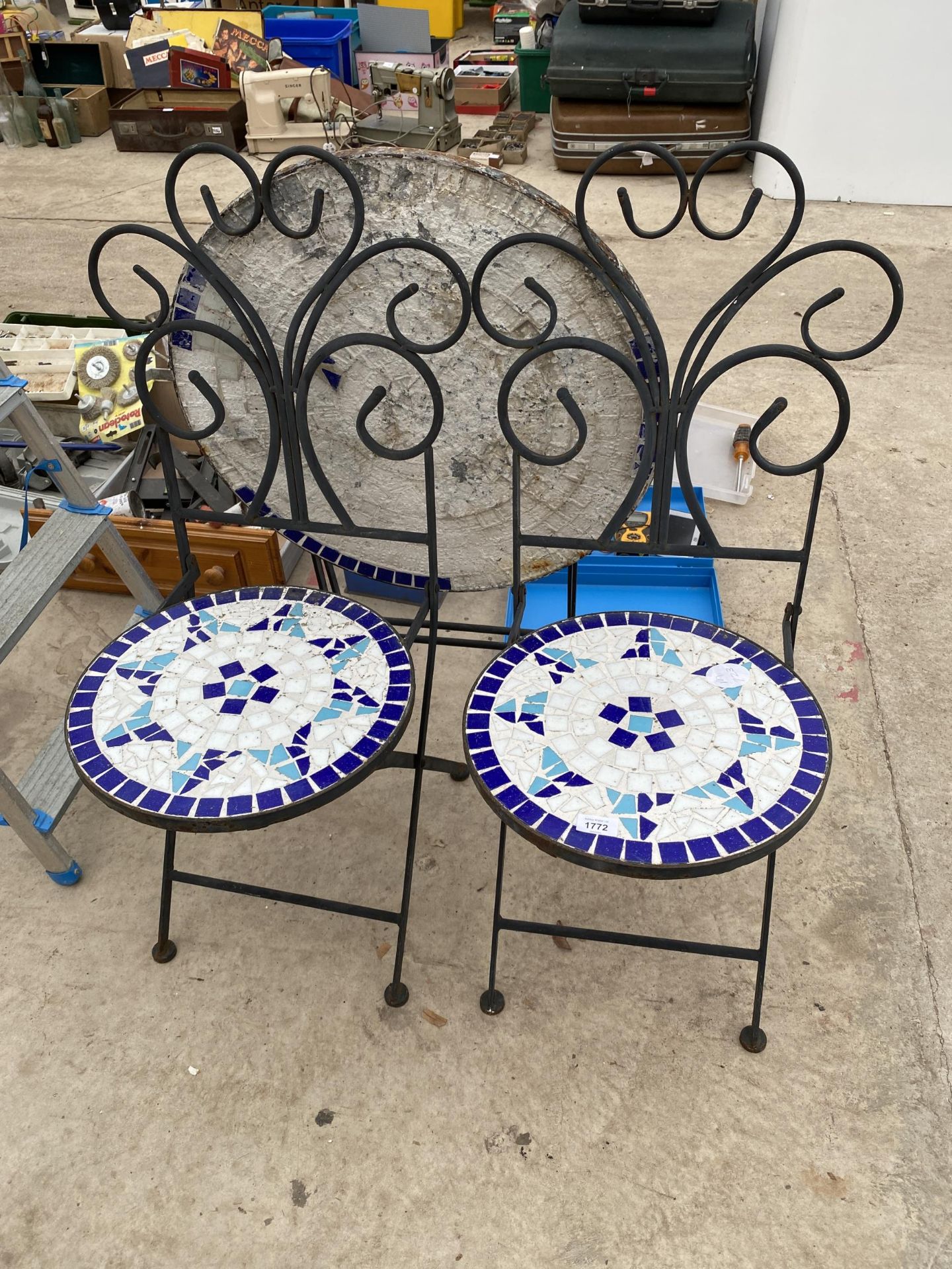 TWO FOLDING METAL TILED CHAIRS AND A FOLDING TABLE (A/F)