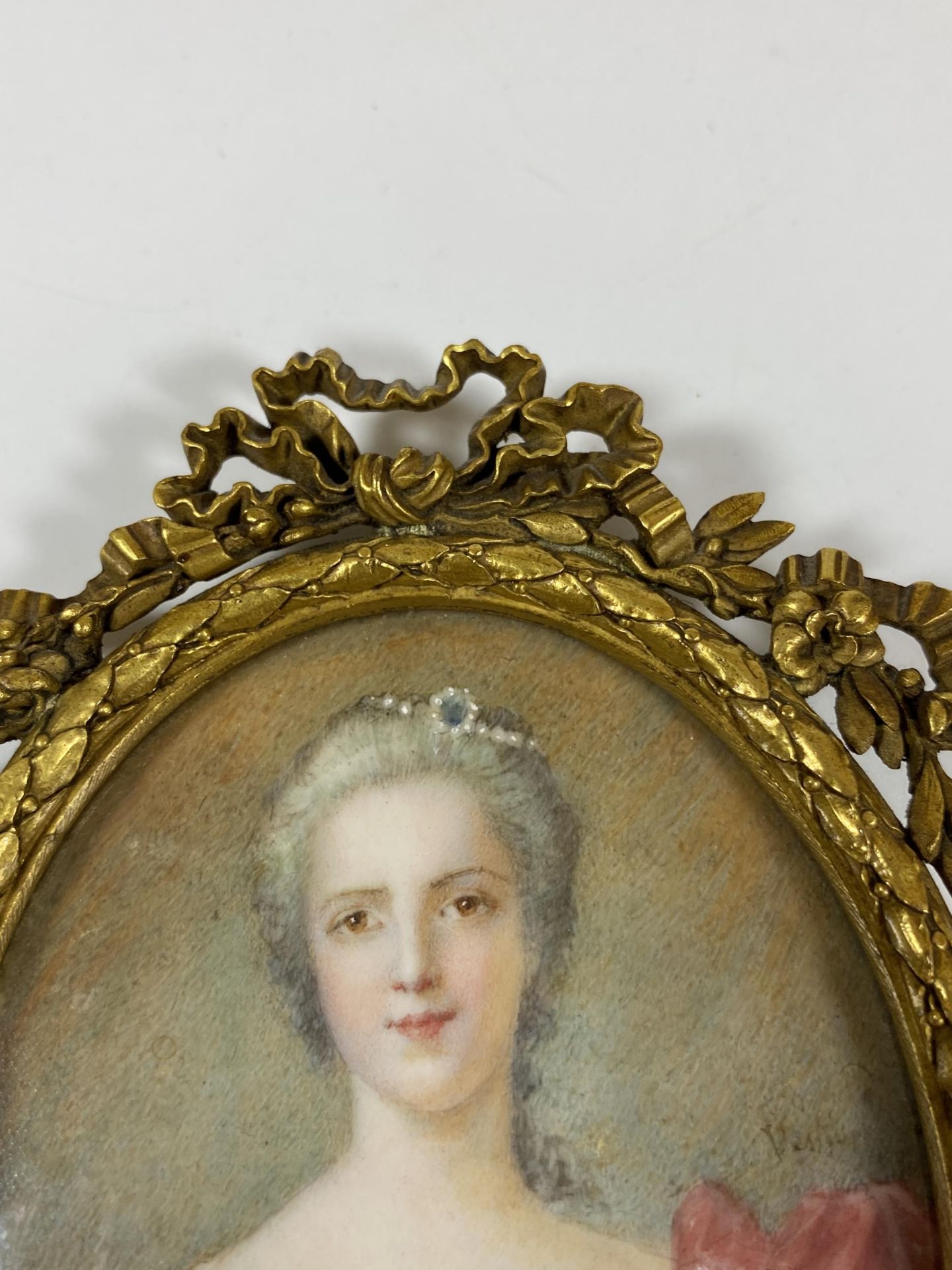 A 19TH CENTURY HAND PAINTED PORTRAIT OF A LADY, INDISTINCTLY SIGNED, IN GILT RIBBON FRAME, LENGTH - Image 3 of 12
