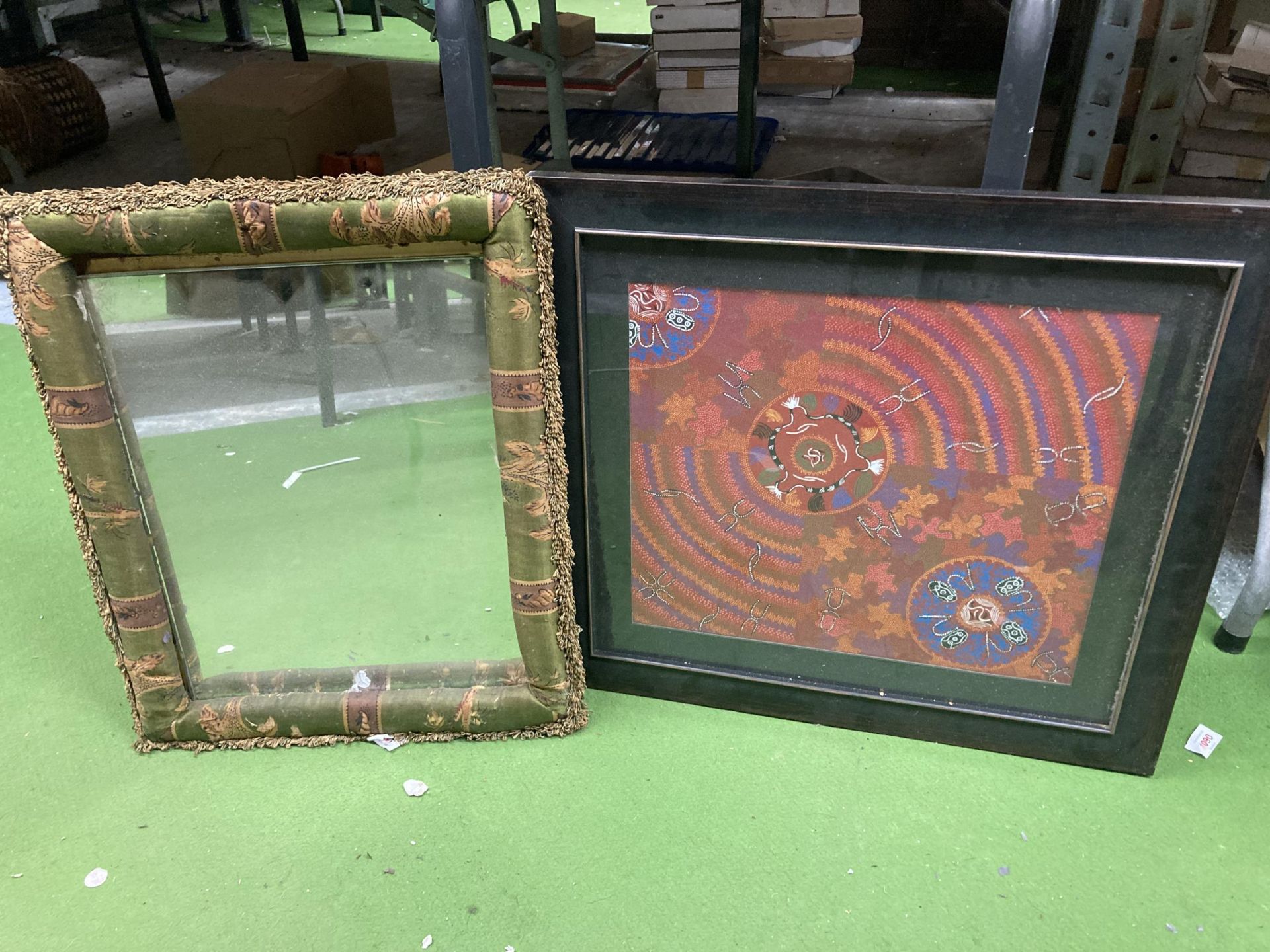 TWO FRAMED ITEMS - SILK EFFECT FRAMED MIRROR AND TAPESTRY