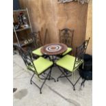 A TILE TOPPED GARDEN BISTRO TABLE AND FOUR METAL CHAIRS