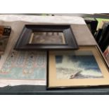 THREE ITEMS- OAK FRAMED ENGRAVING, ART NOUVEAU STYLE TILE AND FURTHER PRINT