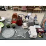 AN ASSORTMENT OF ITEMS TO INCLUDE CANDLE HOLDERS, VASES AND A BISCUIT BARREL ETC