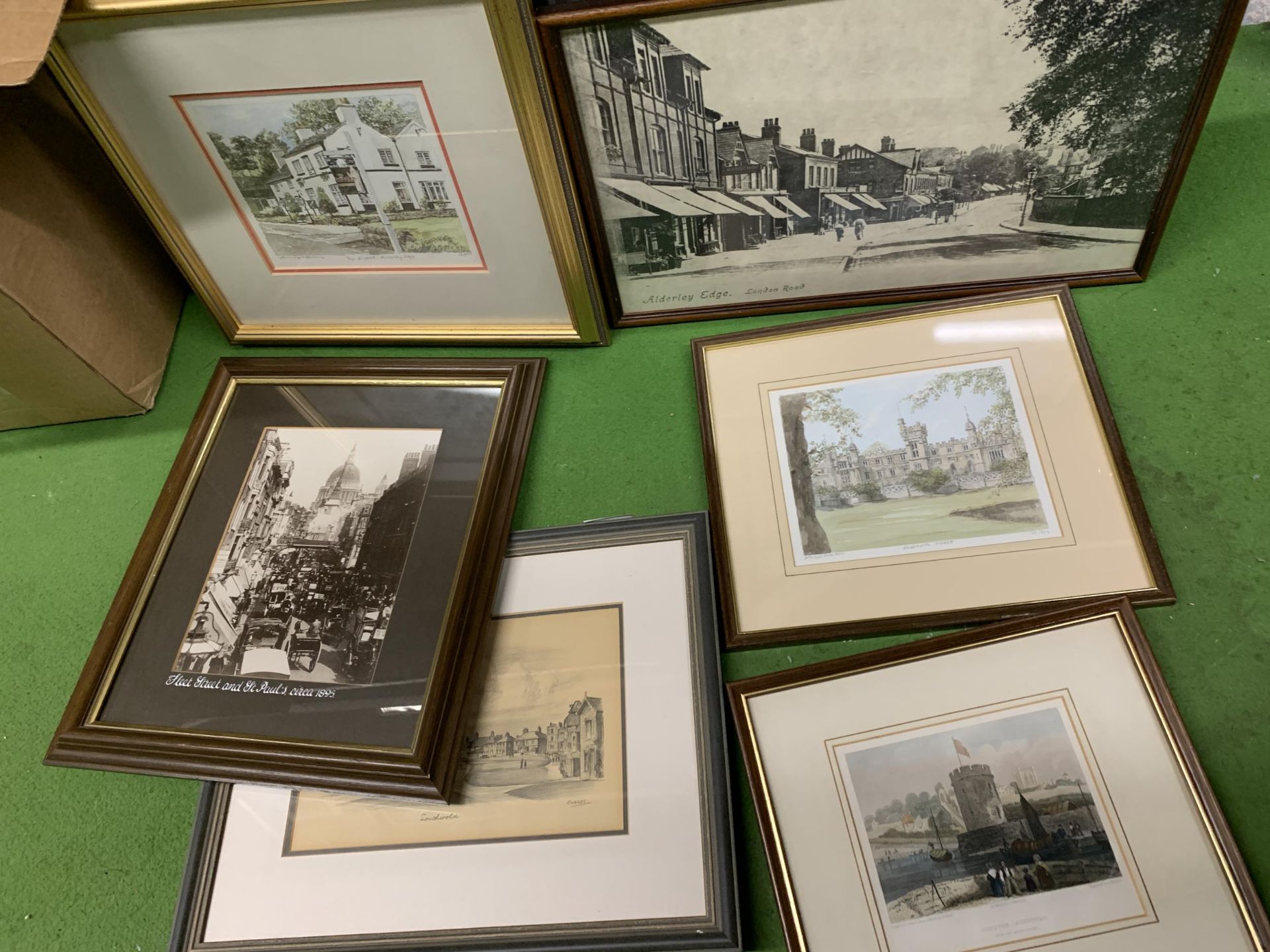 SIX FRAMED PRINTS TO INCLUDE KNEBWORTH HOUSE, SOUTHWOLD, ETC.,