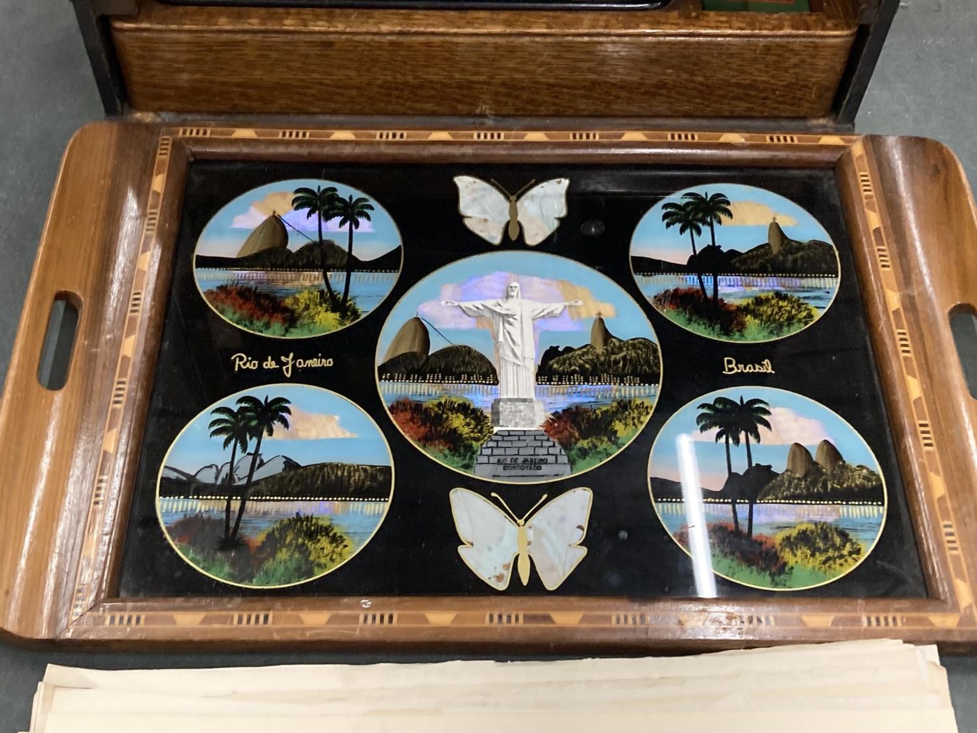 A VINTAGE TRAY FROM BRAZIL WITH BUTTERFLY WINGS DECORATION