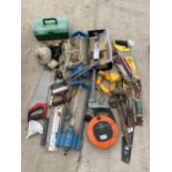 AN ASSORTMENT OF TOOLS TO INCLUDE SPRINKLERS, SAWS AND HAMMERS ETC