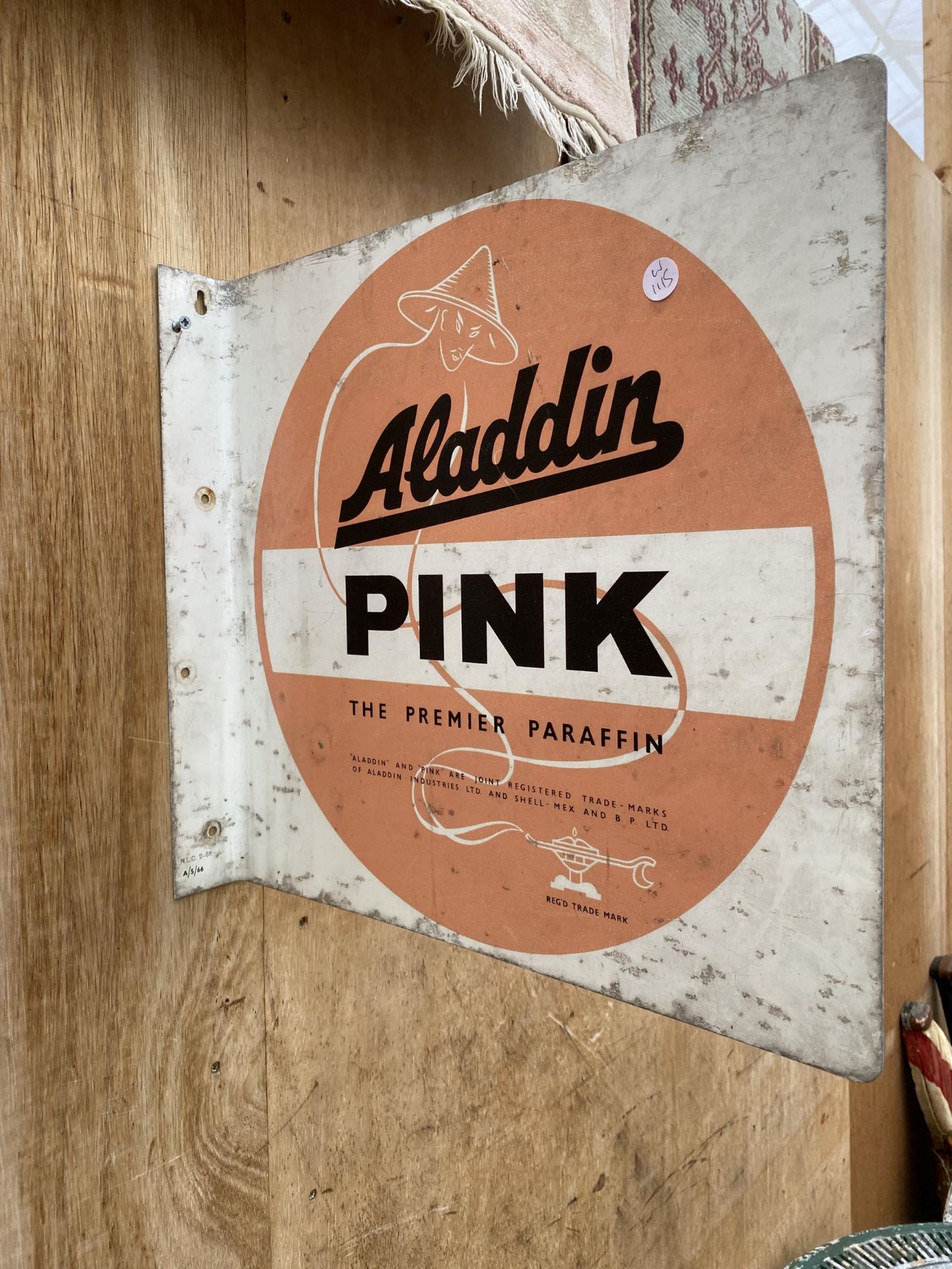 A BELIEVED ORIGINAL DOUBLE SIDED METAL 'ALADDIN PINK' PARAFIN SIGN - Image 2 of 5