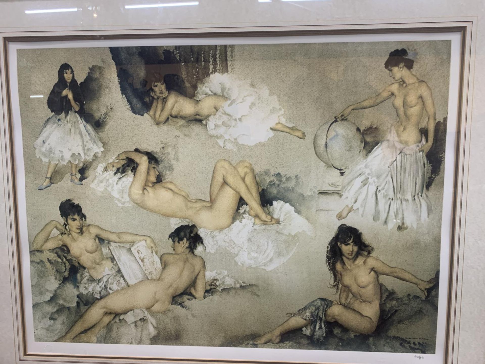A LARGE GILT FRAMED SIR WILLIAM RUSSEL FLINT PRINT OF NUDE LADIES 'VARIATIONS', NUMBERED 241/850, - Image 2 of 3