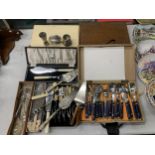 A QUANTITY OF VINTAGE FLATWARE, SOME BOXED, TO INCLUDE SERVING SETS PLUS A TABLE LIGHTER, ETC