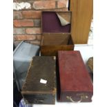 FOUR VINTAGE WOODEN BOXES TO INCLUDE A TILL, FILE BOX, ETC