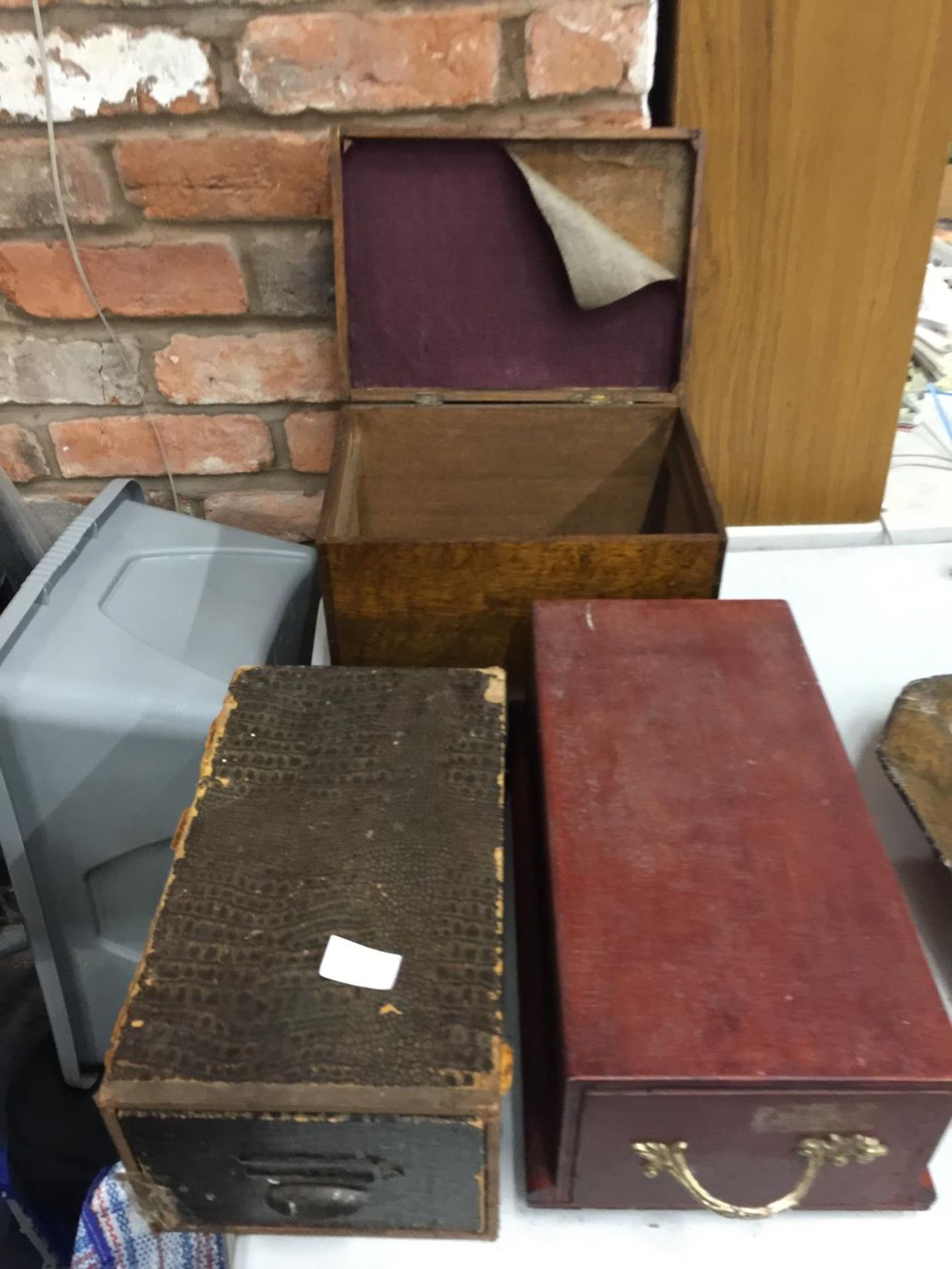 FOUR VINTAGE WOODEN BOXES TO INCLUDE A TILL, FILE BOX, ETC