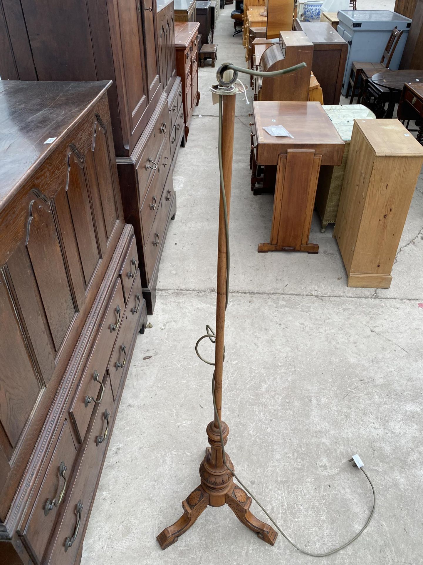 A VICTORIAN WALNUT SAMPLER STAND ON TRIPOD BASE COMPLETE WITH FLEX FOR LIGHT FITTING