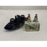 TWO VINTAGE CONDIMENT SETS - LIMOGES FISH AND ROCKING IRISHMAN AND WIFE ON PONYTRAP