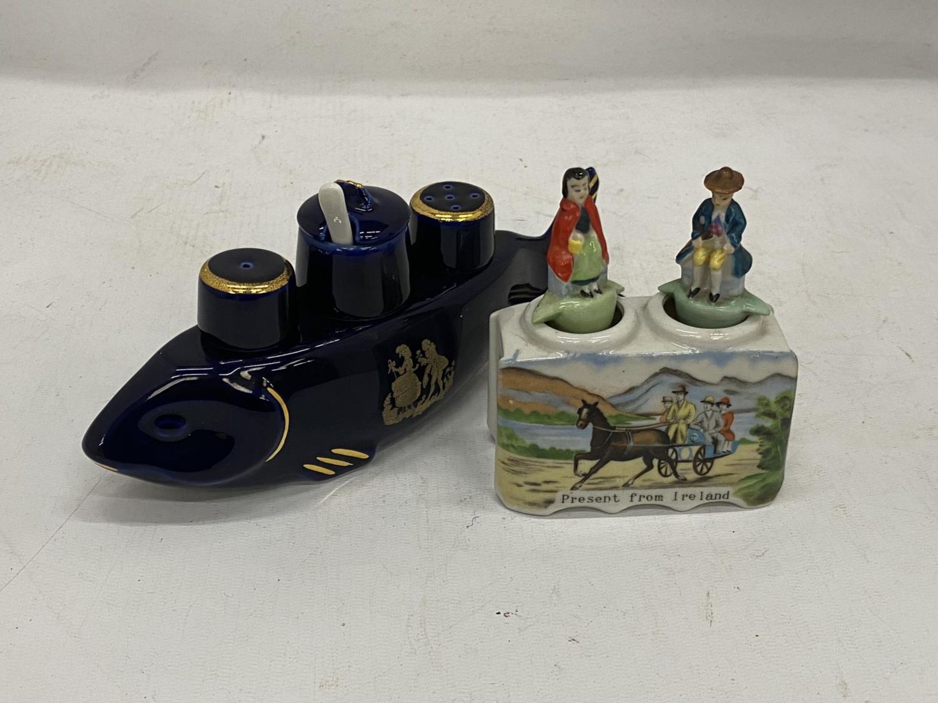 TWO VINTAGE CONDIMENT SETS - LIMOGES FISH AND ROCKING IRISHMAN AND WIFE ON PONYTRAP