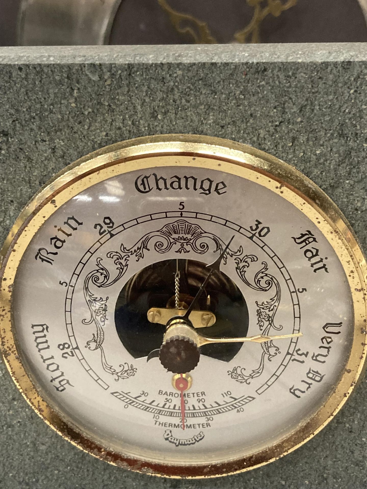 A SLATE MANTLE CLOCK WITH A SHEPHERD AND SHEEPDOG IMAGE AND A SLATE BAROMETER AND HYGROMETER - Image 2 of 4