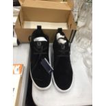 AN UNWORN BOXED PAIR OF FRED PERRY BLACK SUEDE TRAINERS