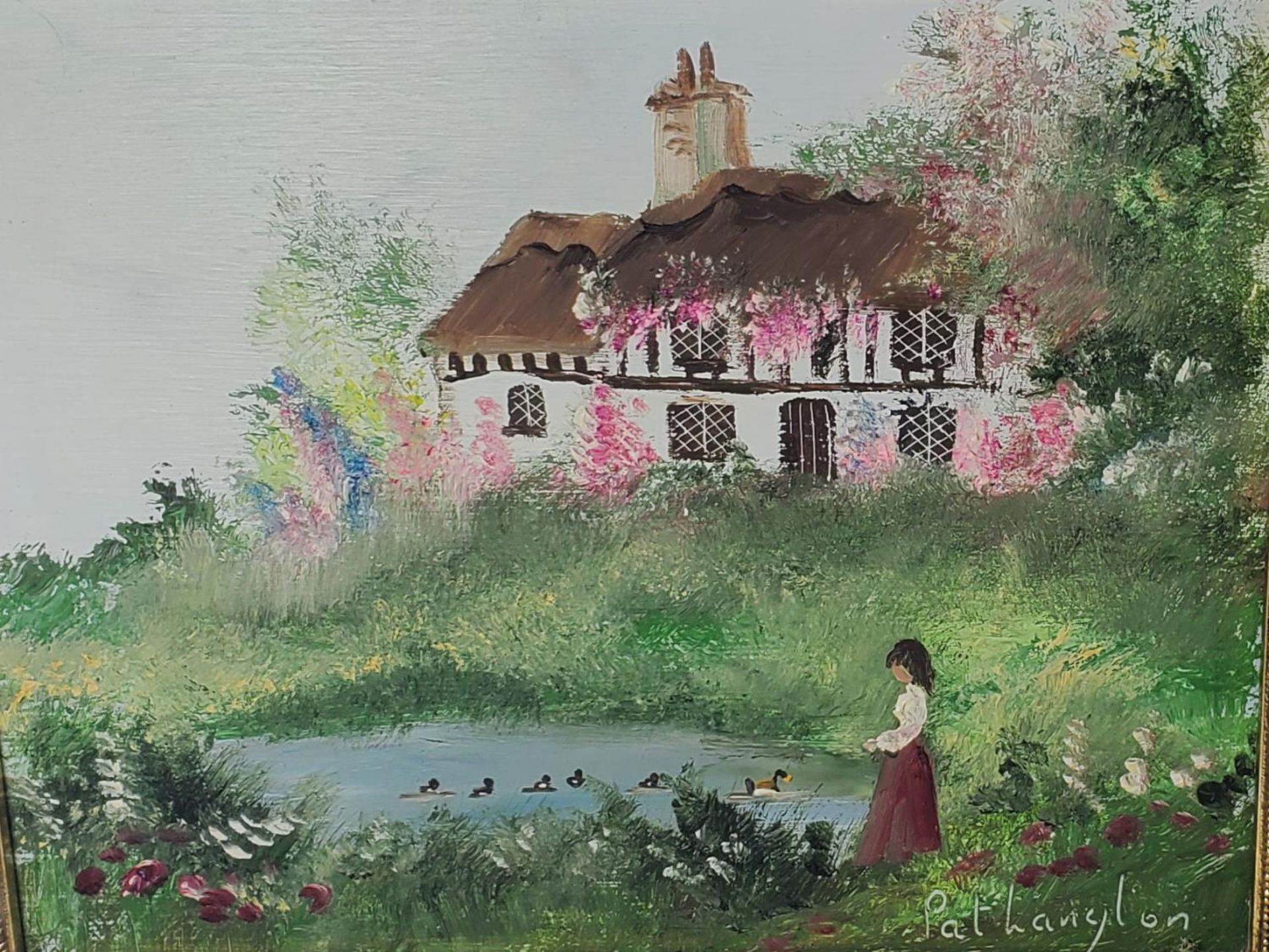 TWO PAT LANGTON SIGNED OILS ON BOARD OF COTTAGE SCENES, ONE WITH A BRIDE AND BRIDESMAID, THE OTHER A - Bild 2 aus 5