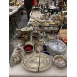 A LARGE QUANTITY OF SILVER PLATED ITEMS TO INCLUDE A TEAPOT, COFFEE POT, BOWLS, JUGS, SALTS WITH