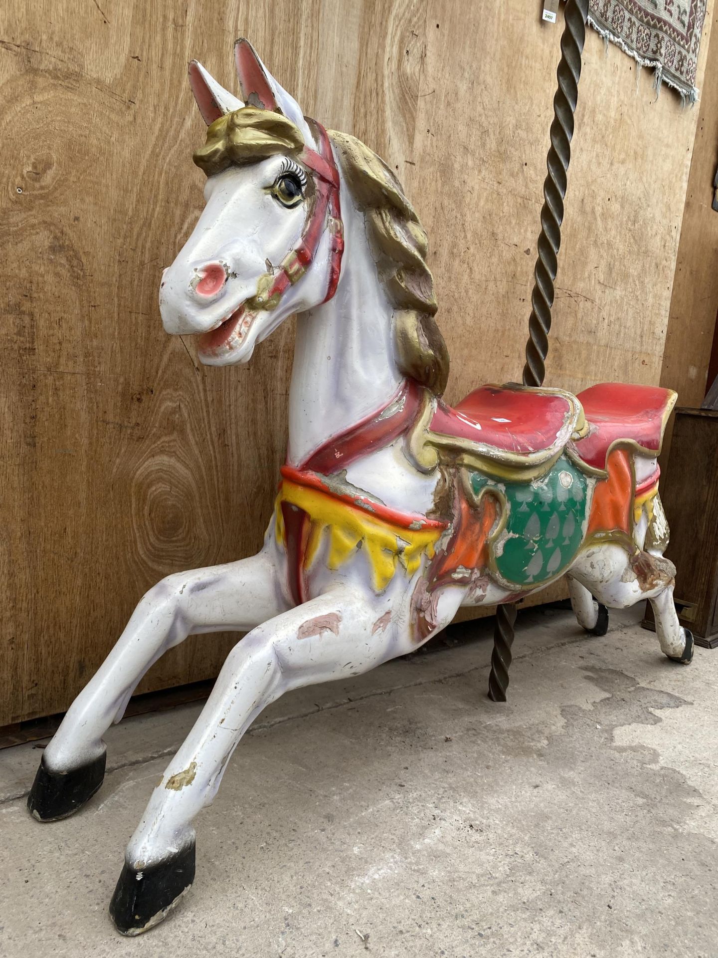 A BELIEVED ORIGINAL EX FAIRGROUND RIDE GALLOPER WITH DOUBLE SEAT AND TURNED BRASS POLE - Image 4 of 8